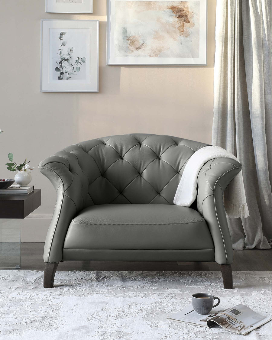 Luxe Dark Grey Real Leather And Dark Wood Leg Armchair