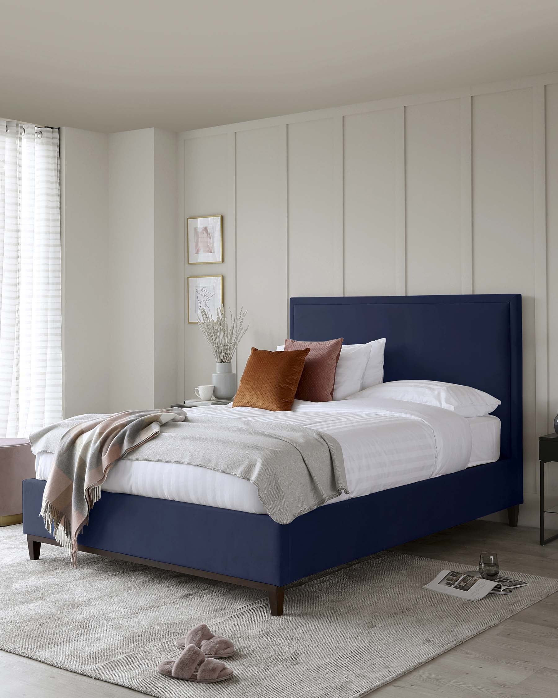 Navy blue upholstered clearance bed with storage