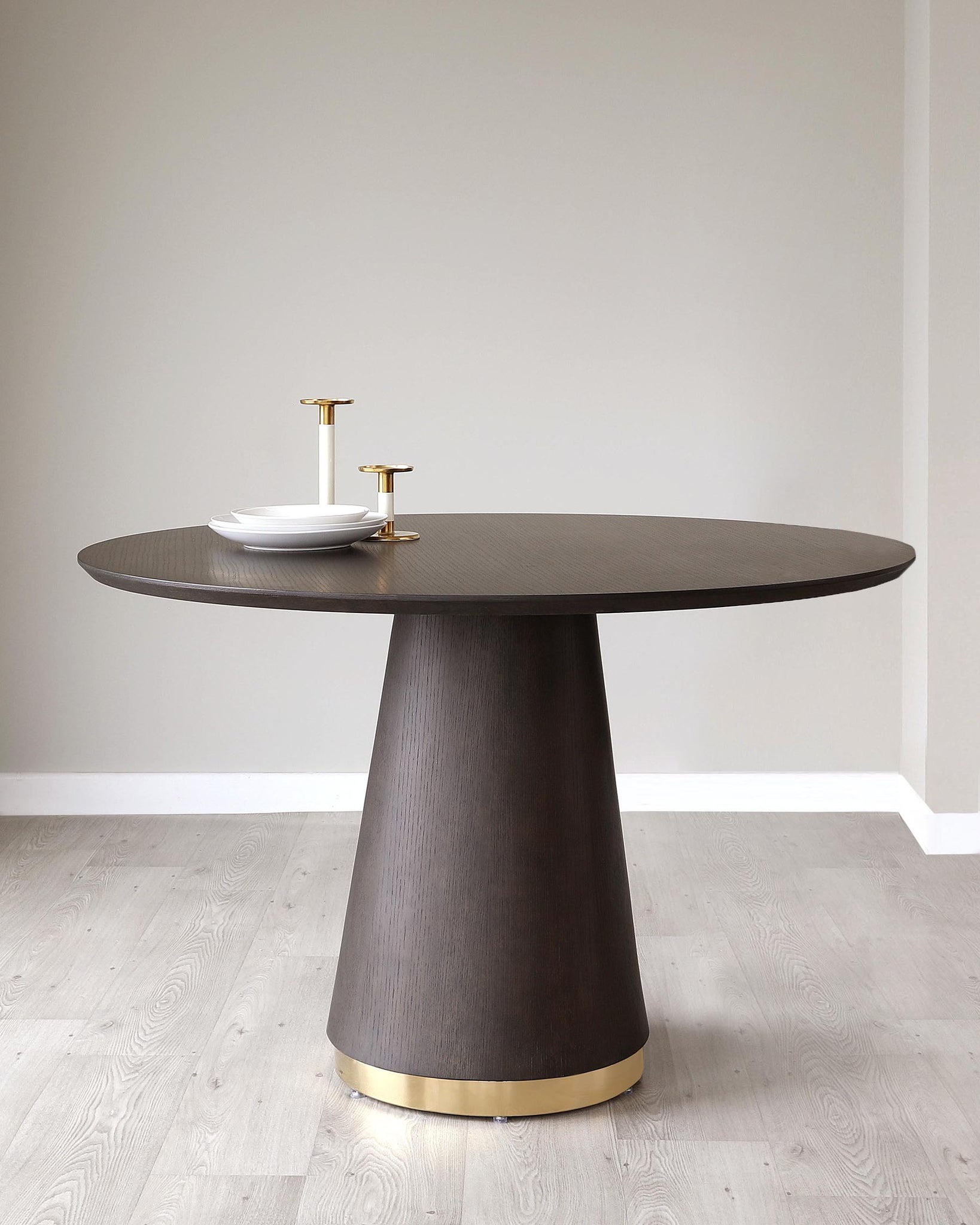 Nolan Dark Oak And Brushed Brass Round Dining Table Danetti