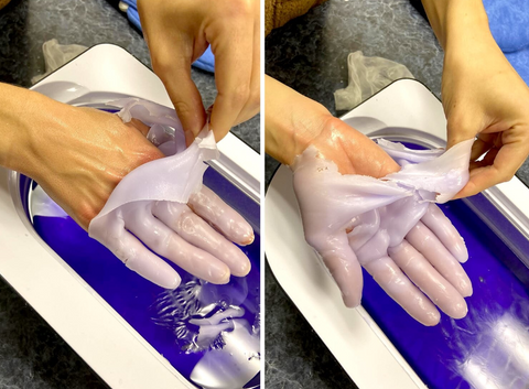 Peeling off lavender paraffin wax from a paraffin wax treatment