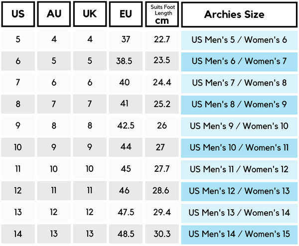 Archies Men's Size Guide