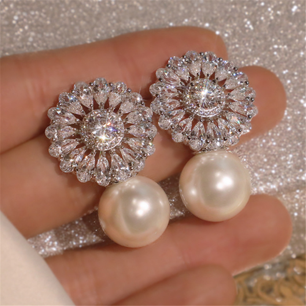 Exquisite Moon Shiny Zircon Faux Pearl Inlaid Dangle Earrings