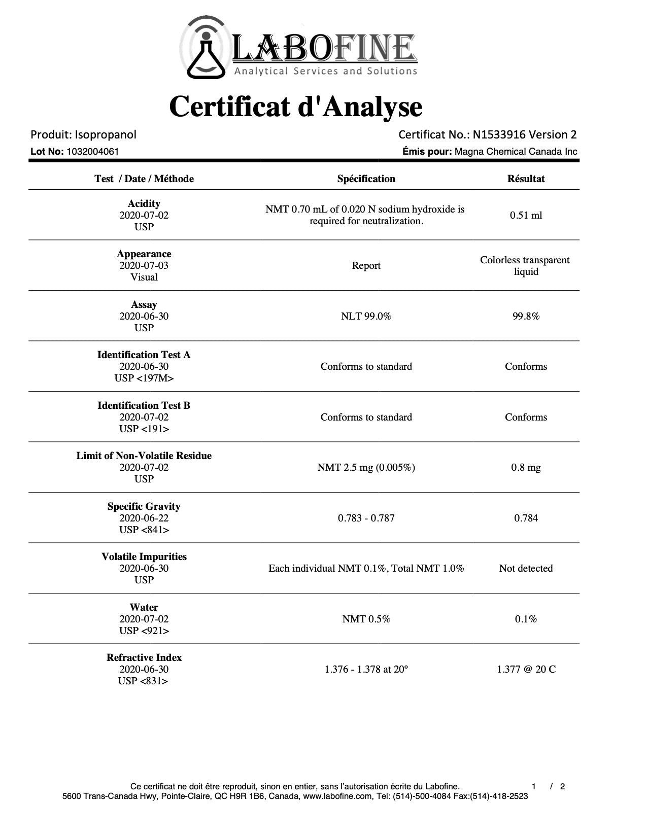 Isopropyl Alcohol Lab Results