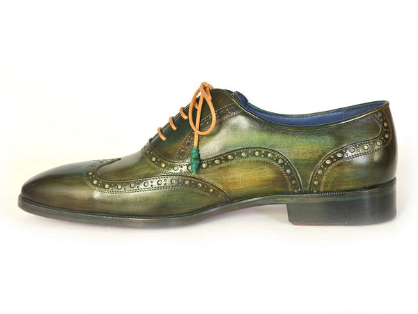 Paul Parkman Men's Wingtip Oxfords Green Hand-Painted Calfskin Shoes ...