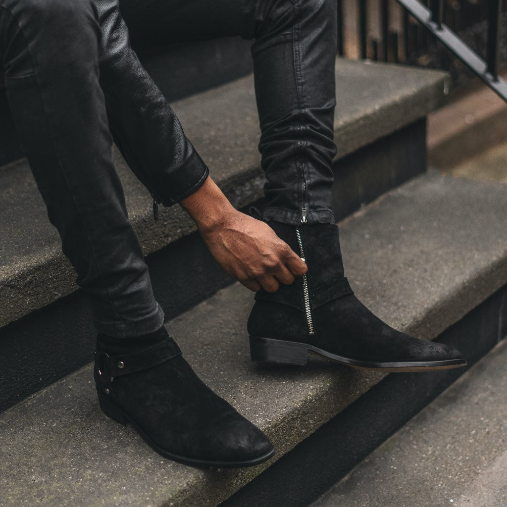 black suede boots mens outfit