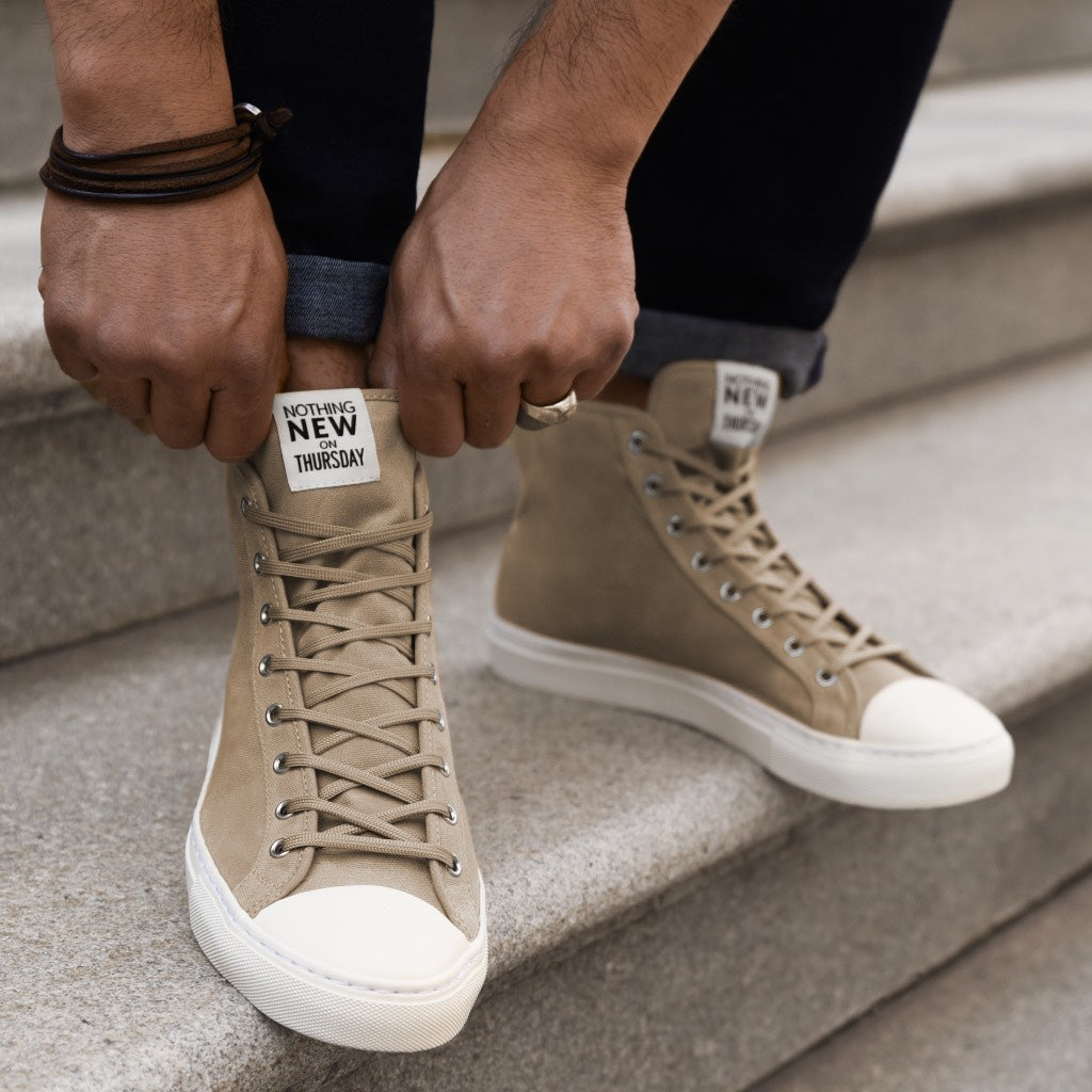 beige high top sneakers