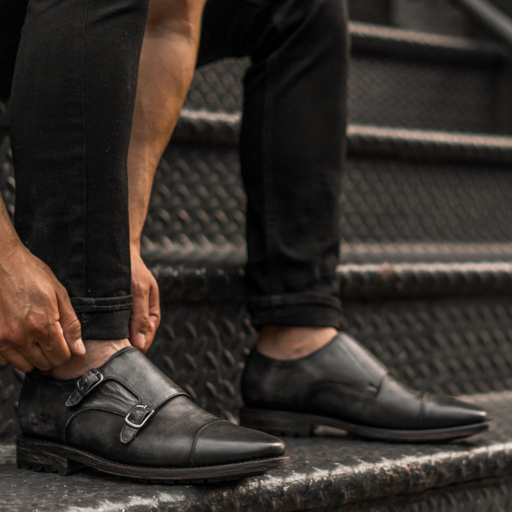Men's Saint Double Monk Strap Shoe In Grey Leather - Thursday