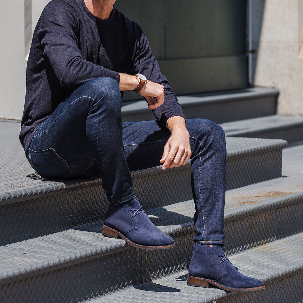 blue suede chukka boots outfit