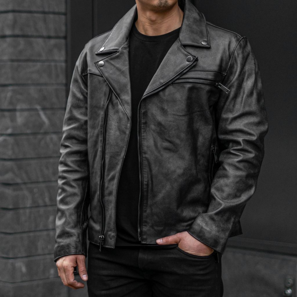Men's Motorcycle Jacket In Distressed Black Leather - Thursday Boots