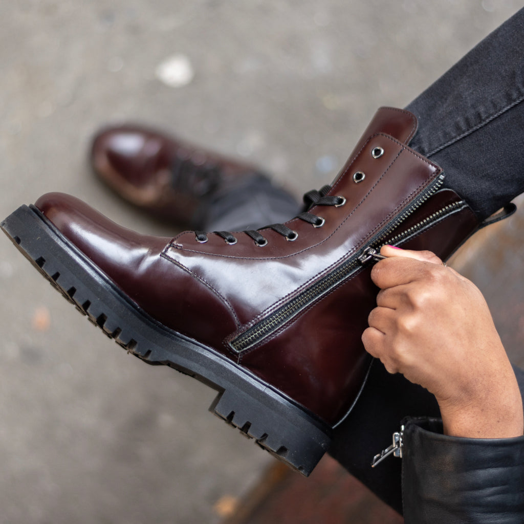 Women's Combat Boot in Burgundy Leather 