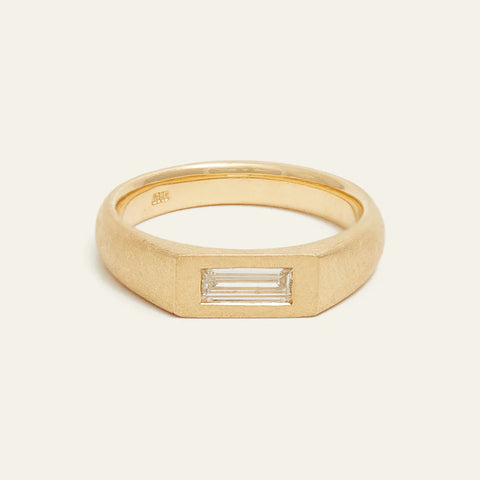 Orion, By Baby signature setting, baguette diamond, solid 18ct gold, hammer set gemstone, brushed finish.