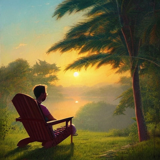 Adirondack Chair image created with DeepAI overlooking a sunset