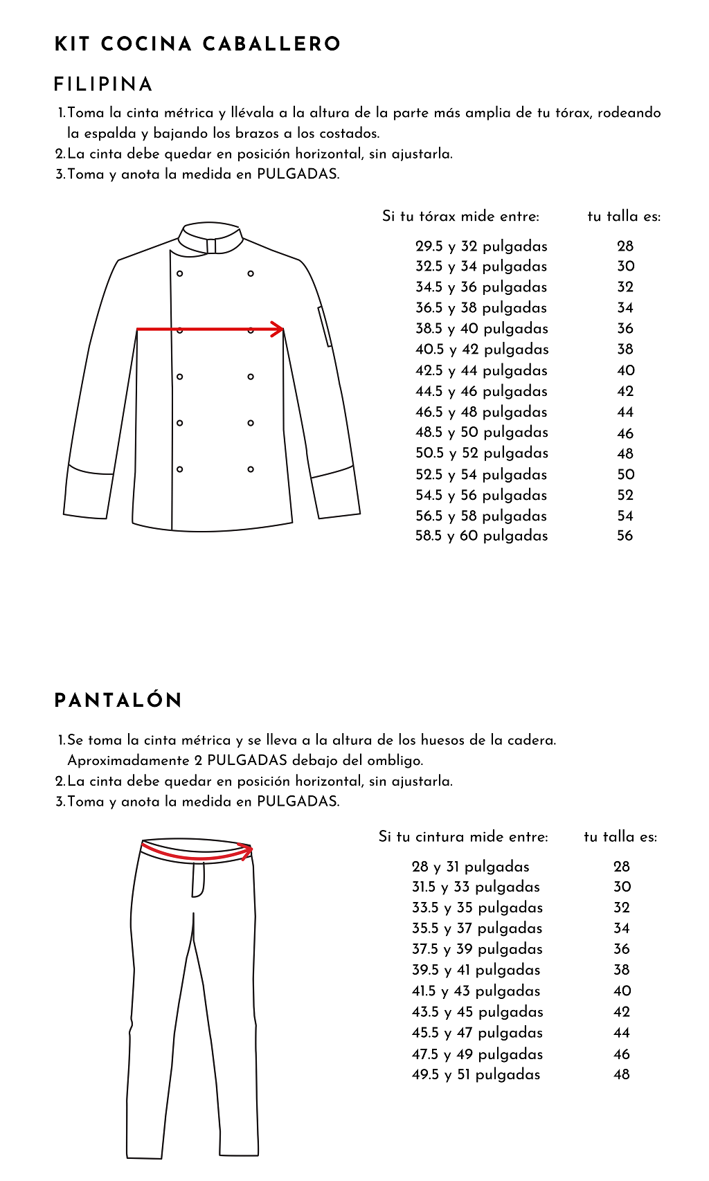 Tabla de tallas Kit Cocina ICUM Caballero