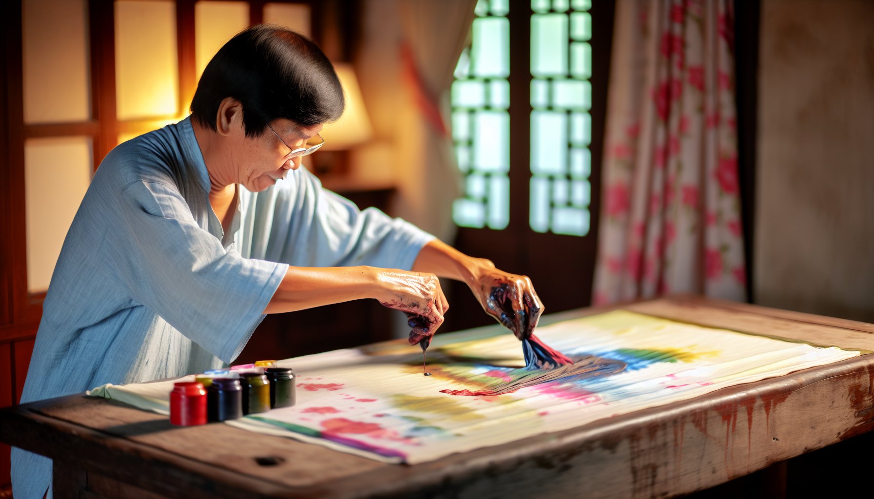 Artisan applying dye to fabric