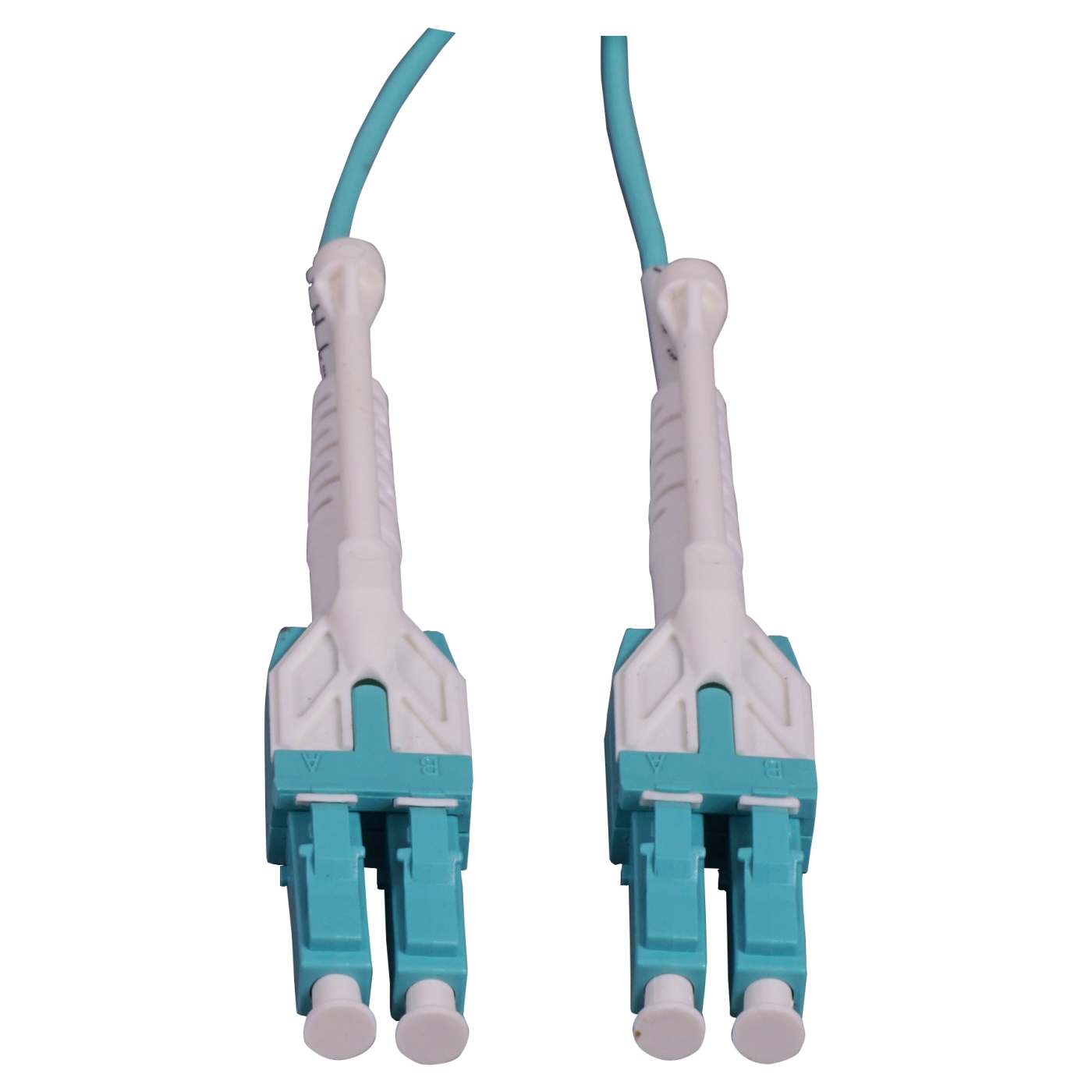1 m LC to LC UPC Fiber Optic Patch Cable, Uniboot Pull-push tab, 2.0 mm, Duplex, OFNR, OM3 Multimode, Aqua