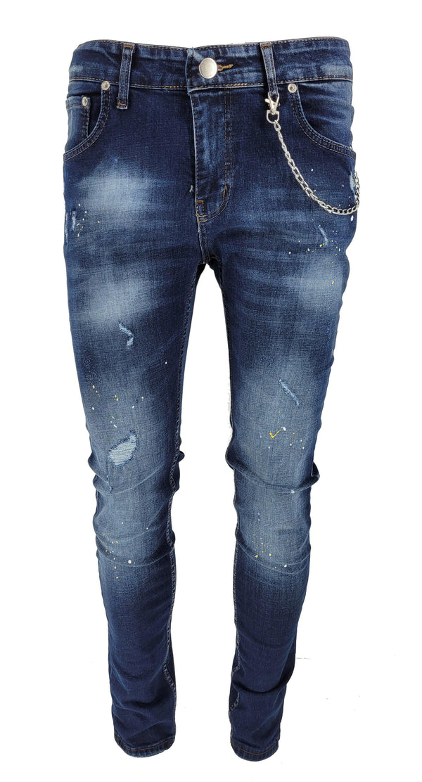 Blue With Red Paint Patchwork Splatter Jeans, Patchwork Paint Splatter  Jeans