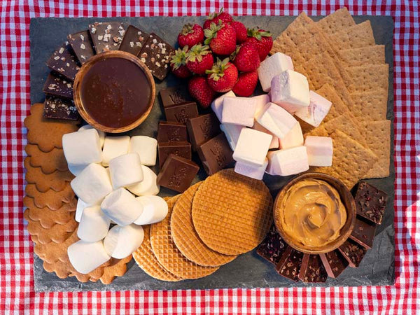 Dessert board with a s'mores theme from Vine to Bar Chocolate