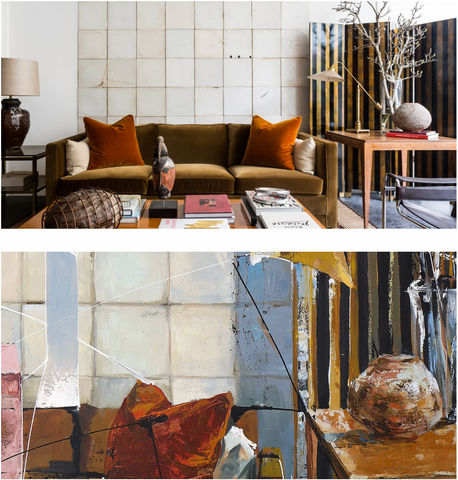 eclectic interior with screen and velvet sofa and a painting detail inspired by it