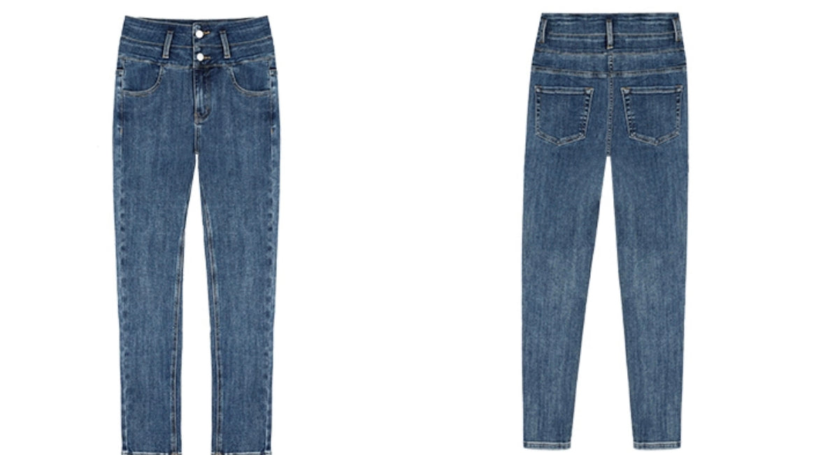 High Rise Button Cropped Skinny Jeans in Blue