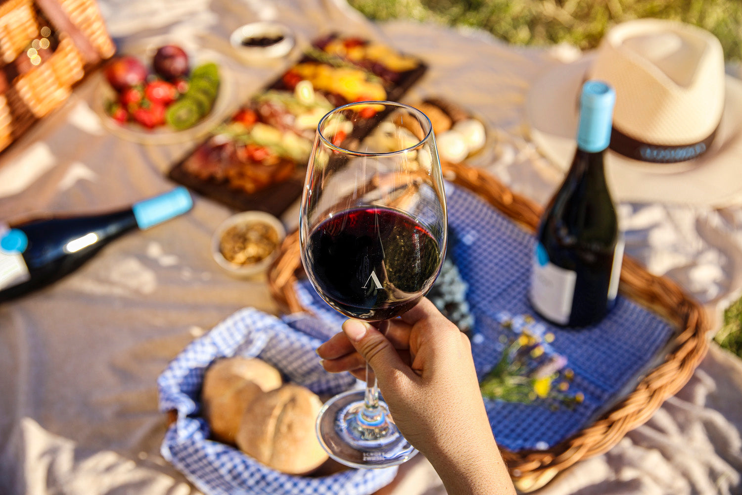 A woman's hand holds a glass of red wine above a picnic blanket.