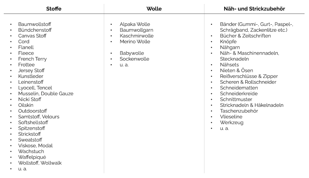 Sortiment Textilwerkstatt Braunschweig