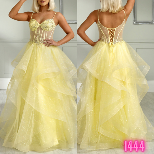AF1444 Glasgow prom shop dress boutique lemon ballgown