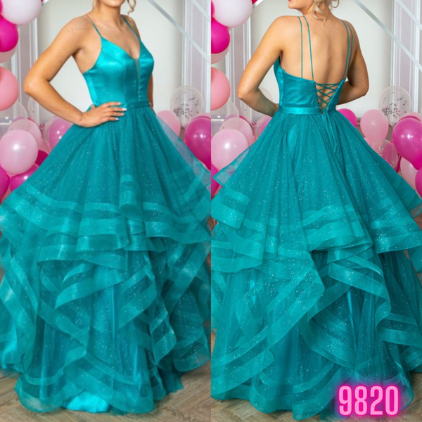 Teal blue green ball gown prom dress