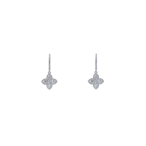 18 karat white gold flower drop diamond earrings