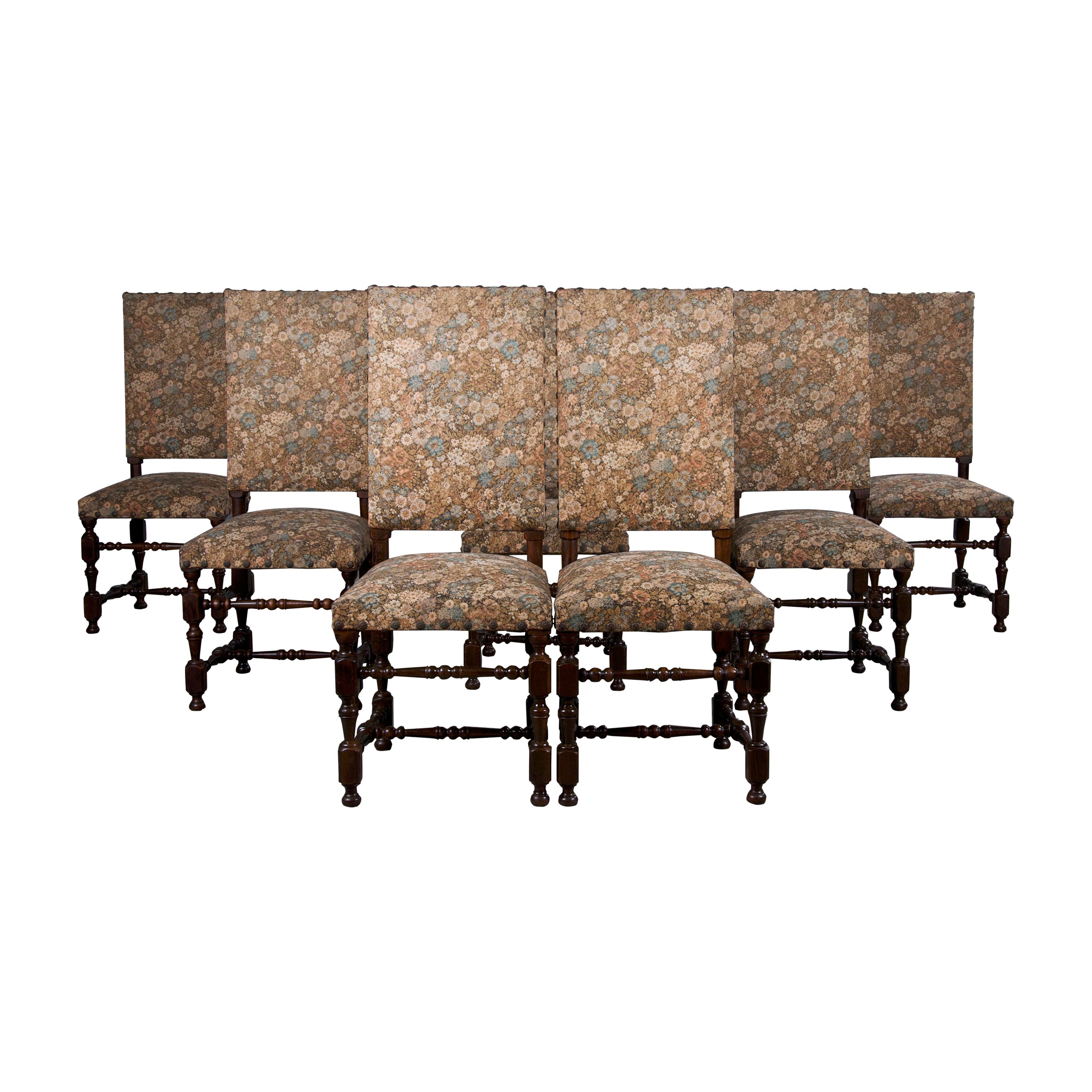French Louis XIII Style Maple Dining Chairs W/ Floral Fabric - Set of 8