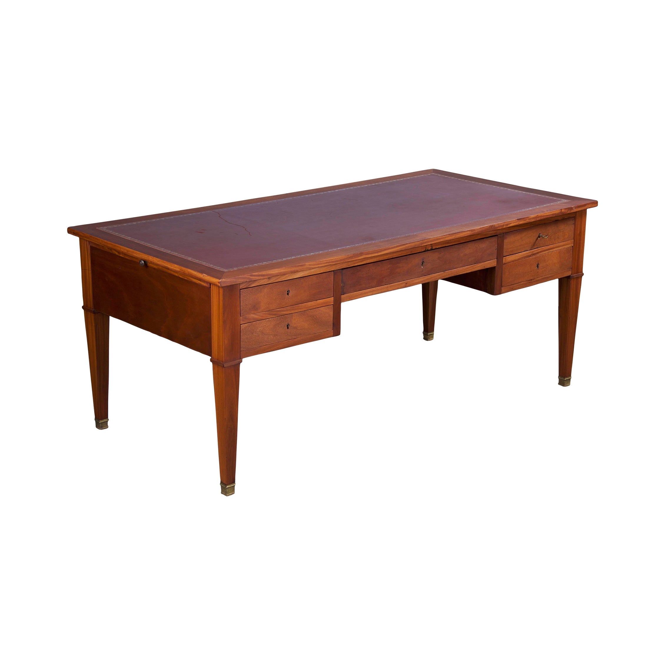 French Louis XVI Neoclassical Style Mahogany Writing Desk W/ Red Leather Top