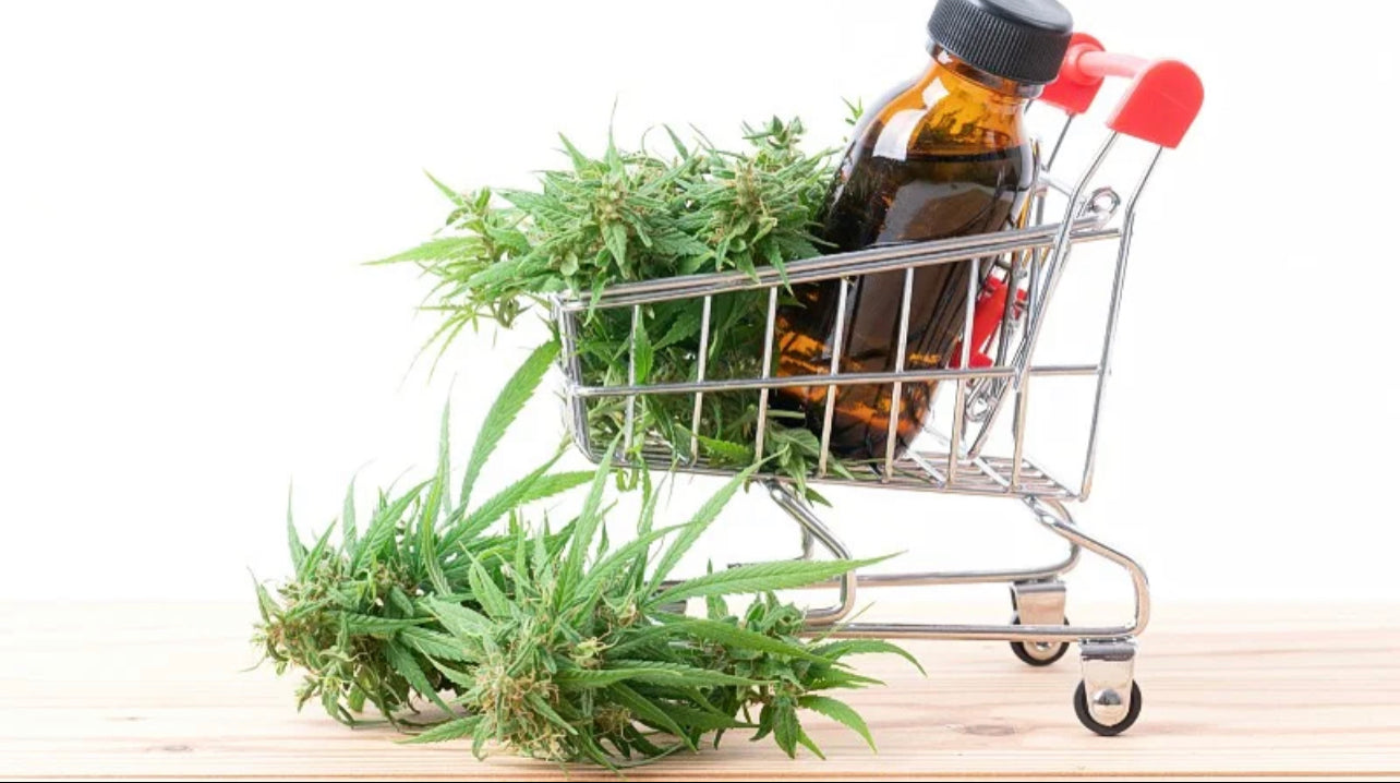 a shopping cart containing Delta8 extract in a bottle and hemp leaves 