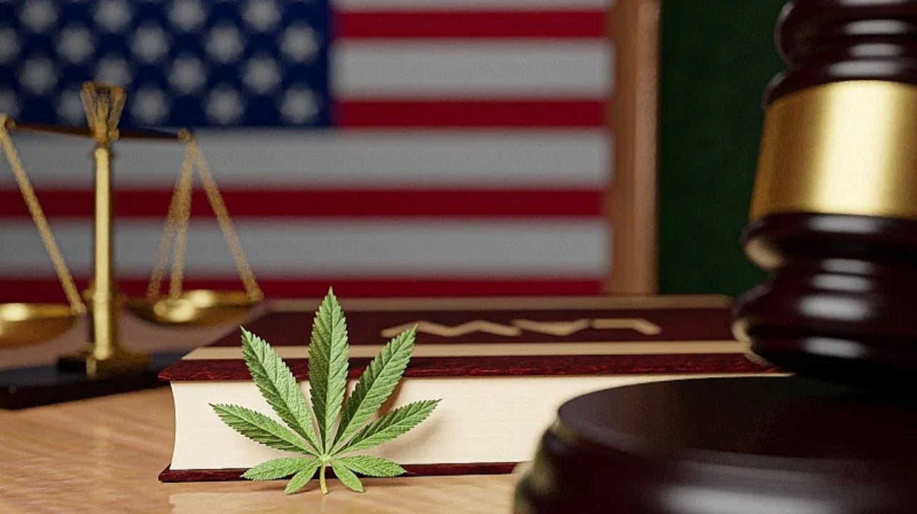 a hemp leaf leaning on a law book with a judge's gavel and US flag at the back