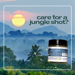 jungle background with glass jar of powder reading materre jungle label, with the words care for a jungle shot on top
