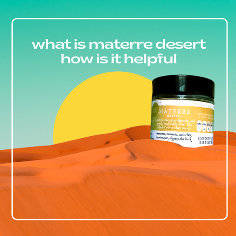image of sandy desert with jar of ayurvedic herbs with yellow sun behind