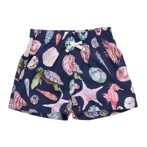 Baby Boys Swim Trunk - Navy Watercolor Shells - Butterbugboutique