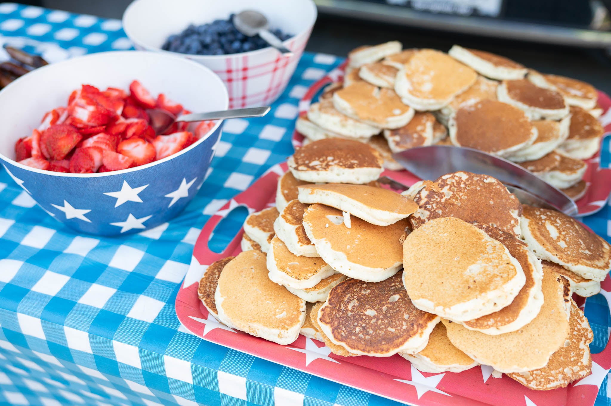 Pancakes, strawberries, and blueberries