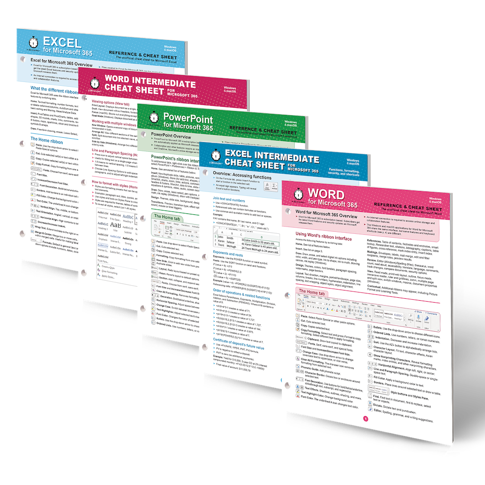Microsoft Office Cheat Sheet 5-Pack (Windows/macOS) – IN 30 MINUTES Cheat  Sheets