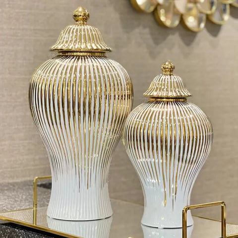 Gold-Pinstriped White Ceramic Jars