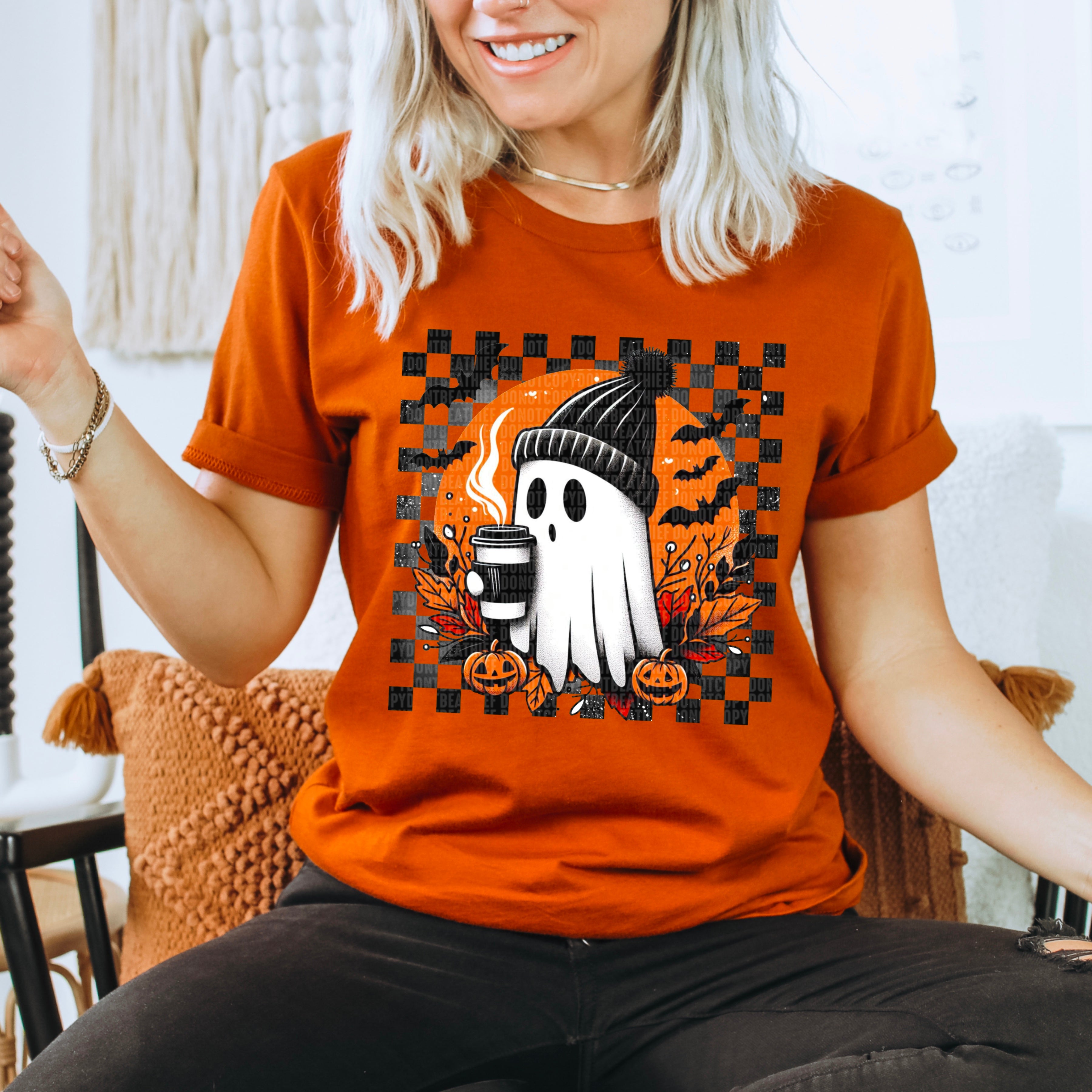 Halloween Checkered Ghost With Coffee TRANSFER SDD