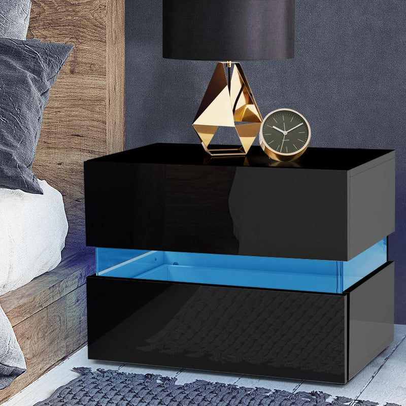 LED Light Bedside Table With 2 Drawers Black - Furniture > Bedroom - Rivercity House And Home Co.