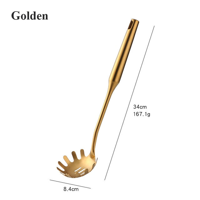 Hot Sale   1/7 pcs Stainless Steel Kitchenware Set Long Handle Cooking Tools Matt Polish Slotted Turner Gold Kitchen Accessories Utensil aljackie.com
