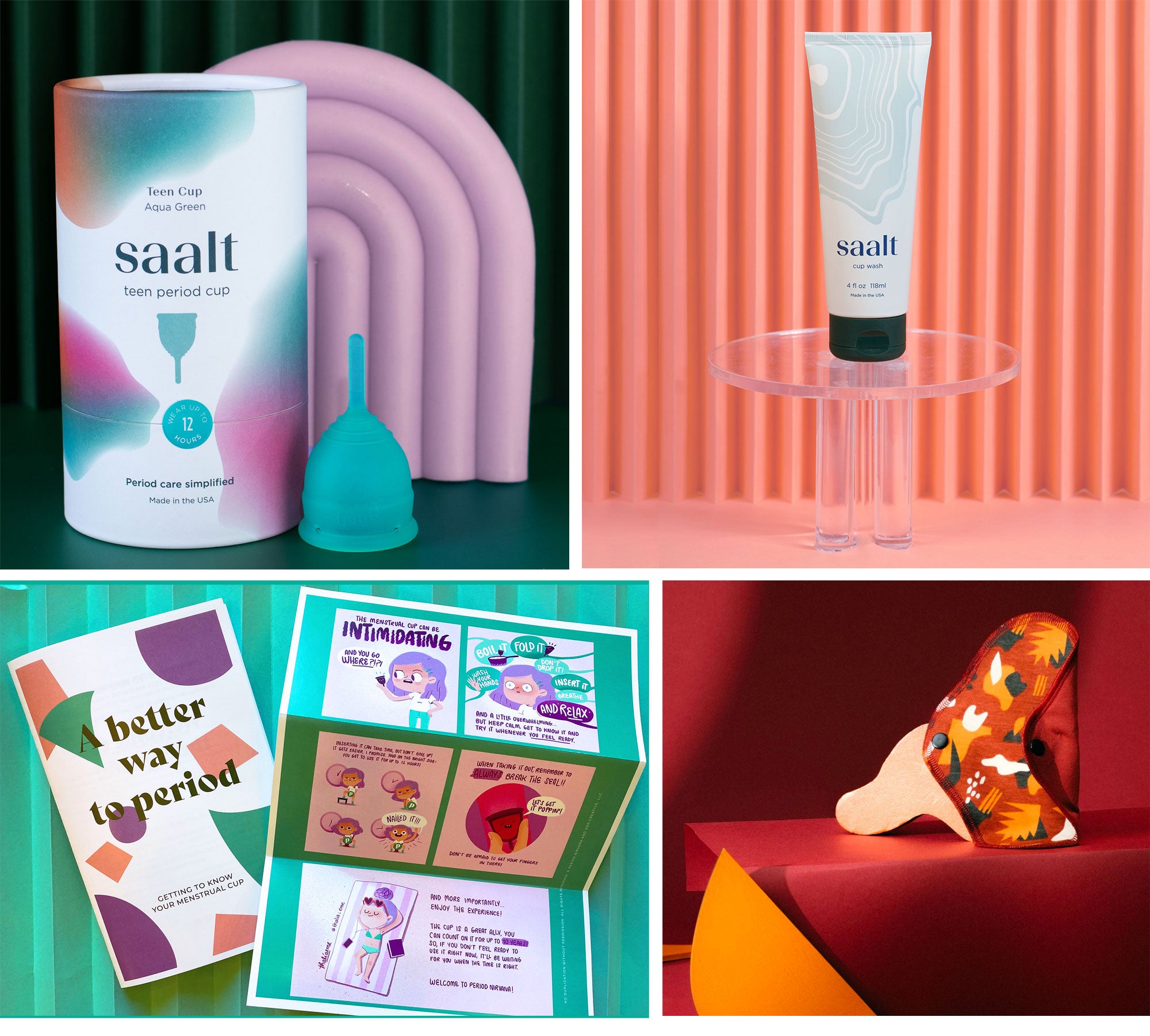 saalt teen cup with wash and menstrual cup comic and cloth liner by Aisle