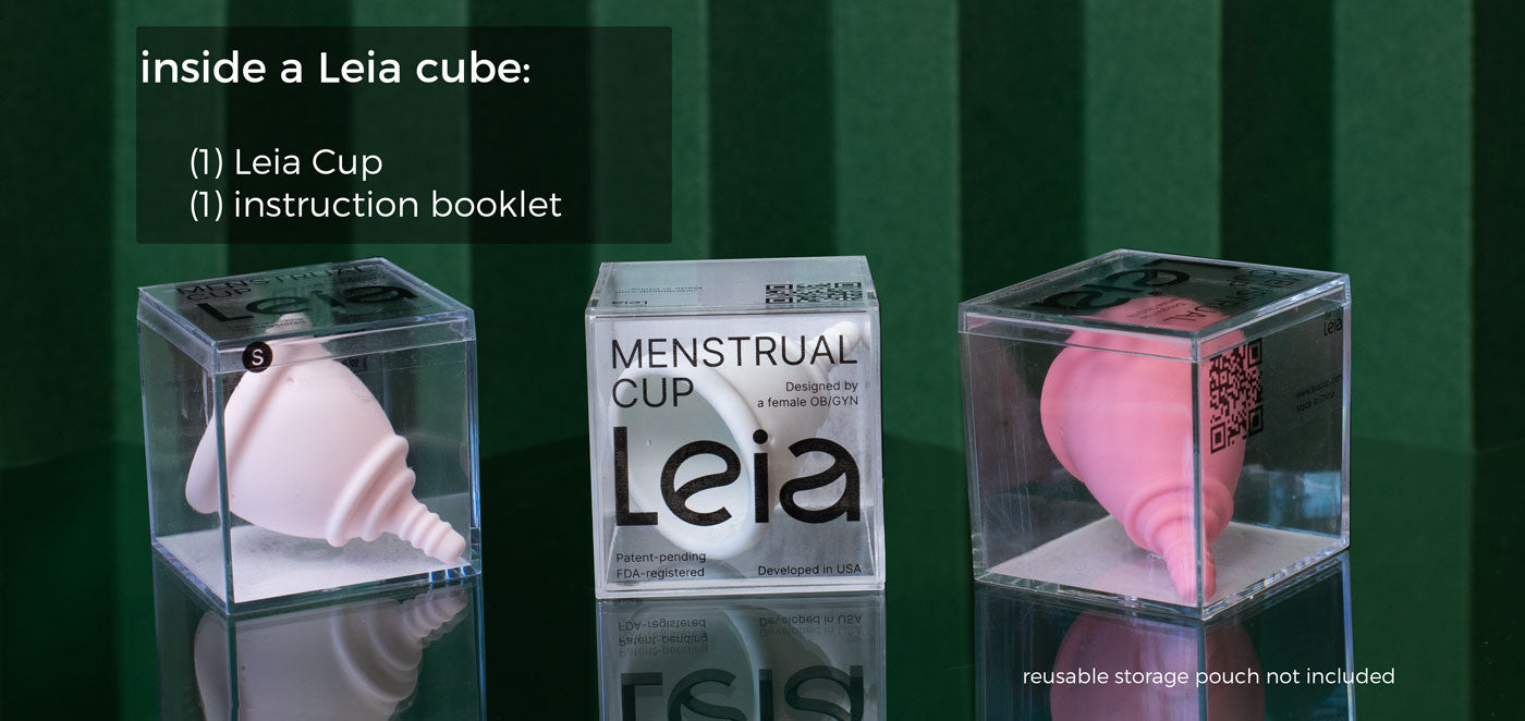 leia menstrual cup three sizes in packaging on green background