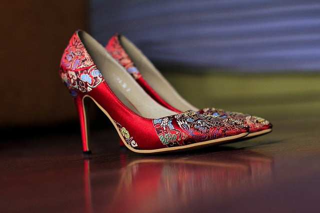 Red shoes with a colored pattern