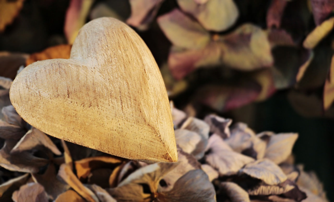 Wooden heart on dried petals