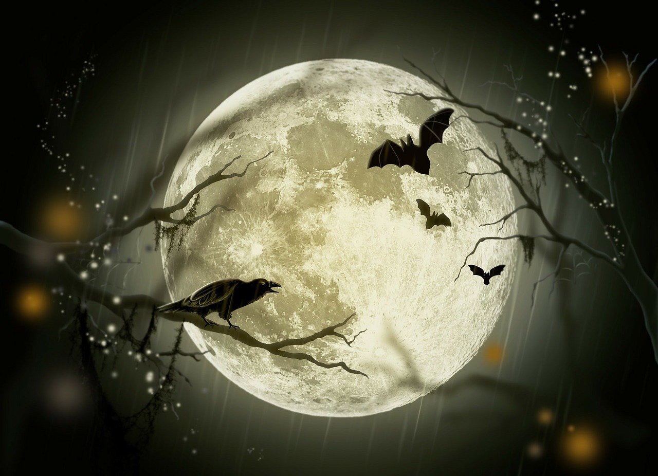 Crow on a branch and bats against the backdrop of the full moon