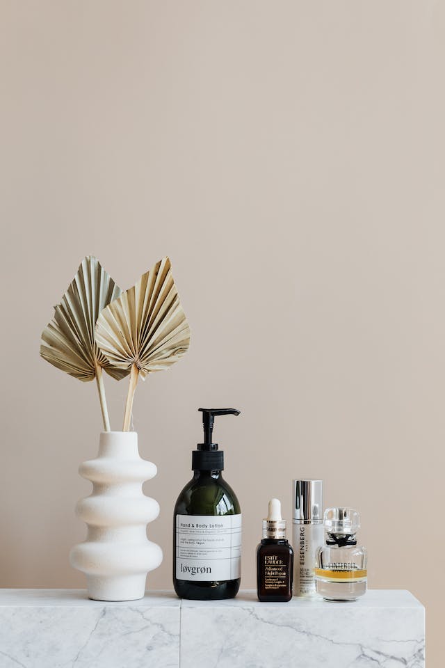 Jars and bottles of skin care on a shelf