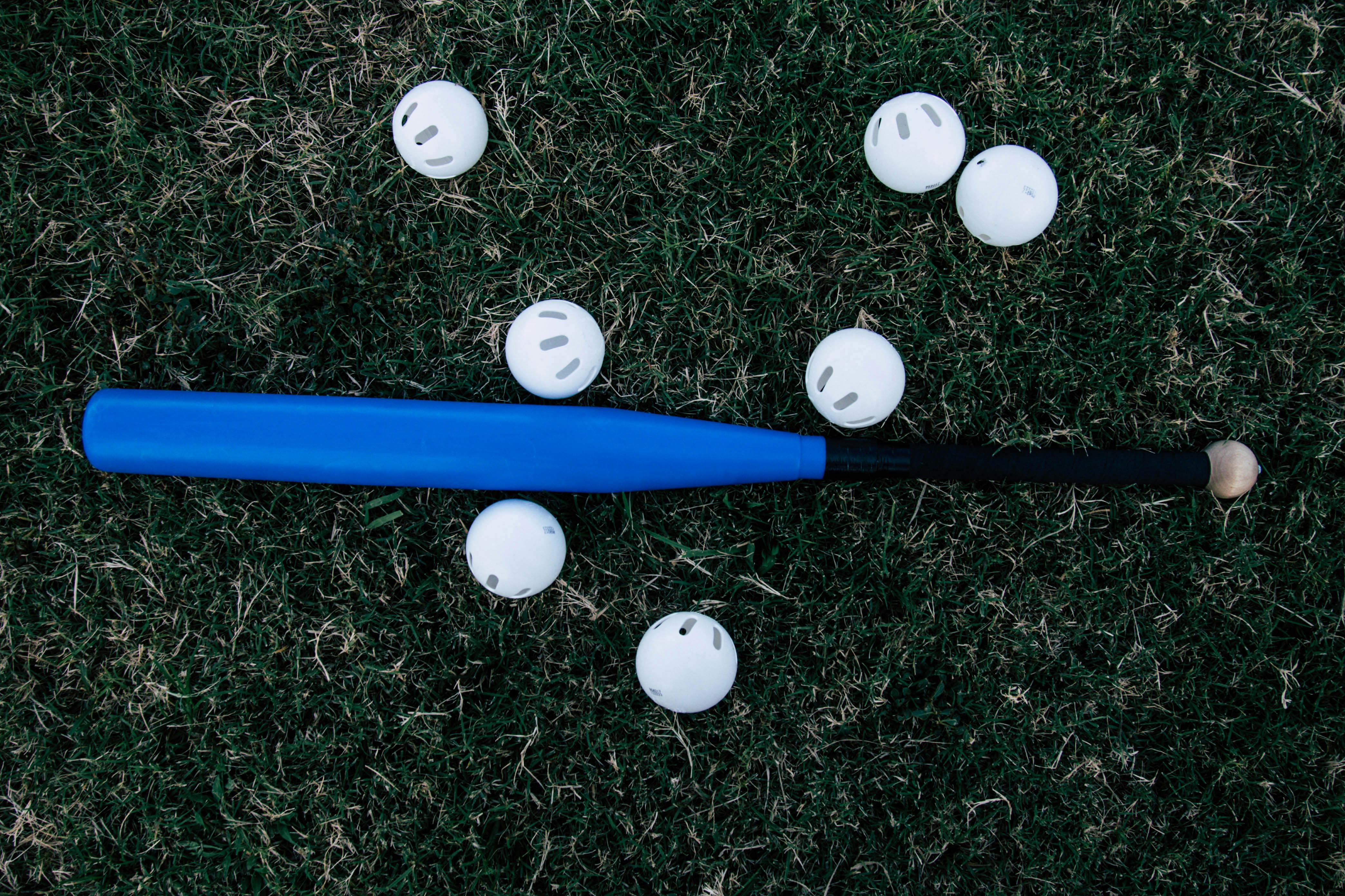 Blue baseball bat and white balls lie on the lawn