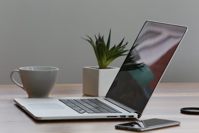 Laptop, smartphone, flower pot and mug on the table