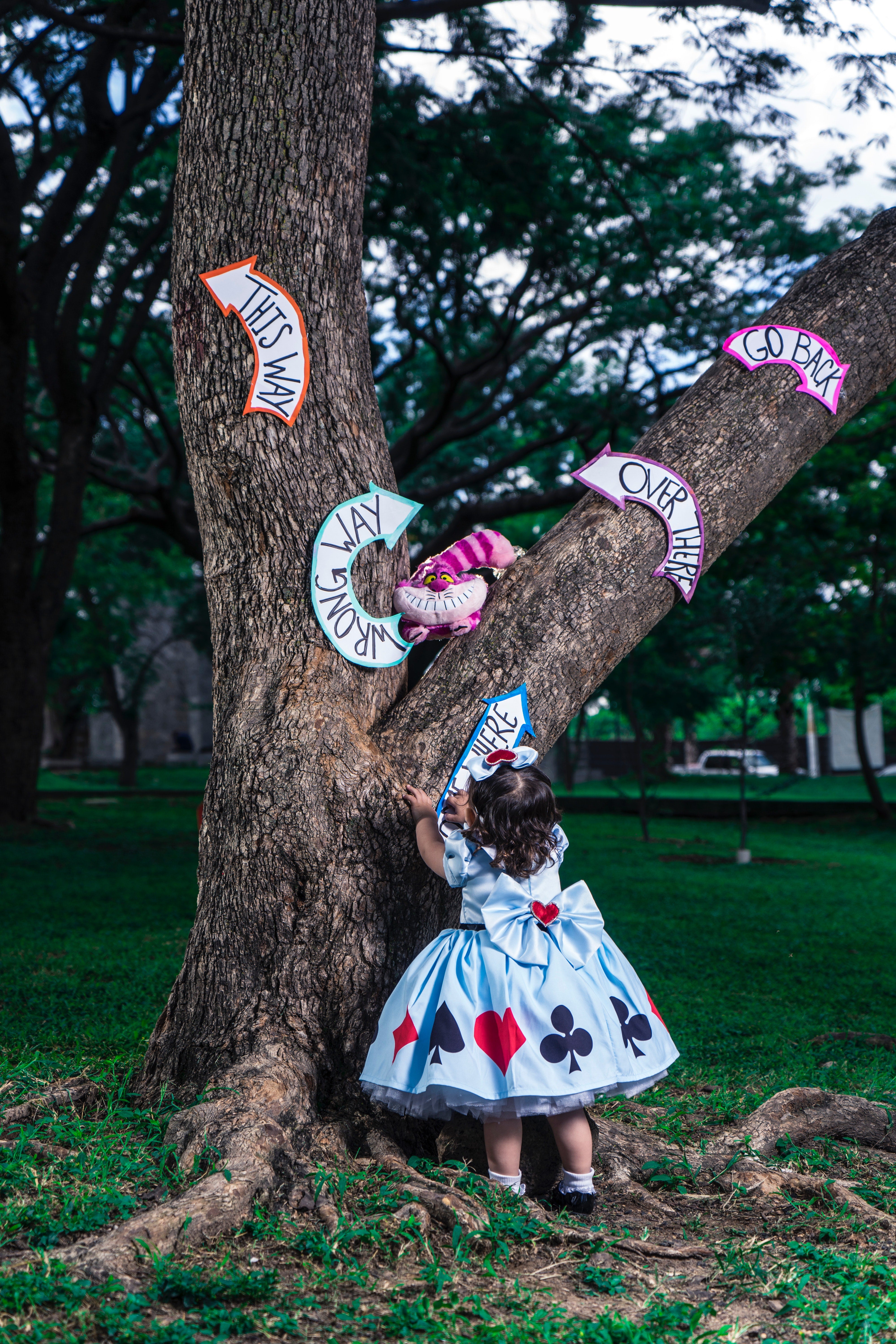A girl in a dress with symbols of card suits glues inscriptions on a tree